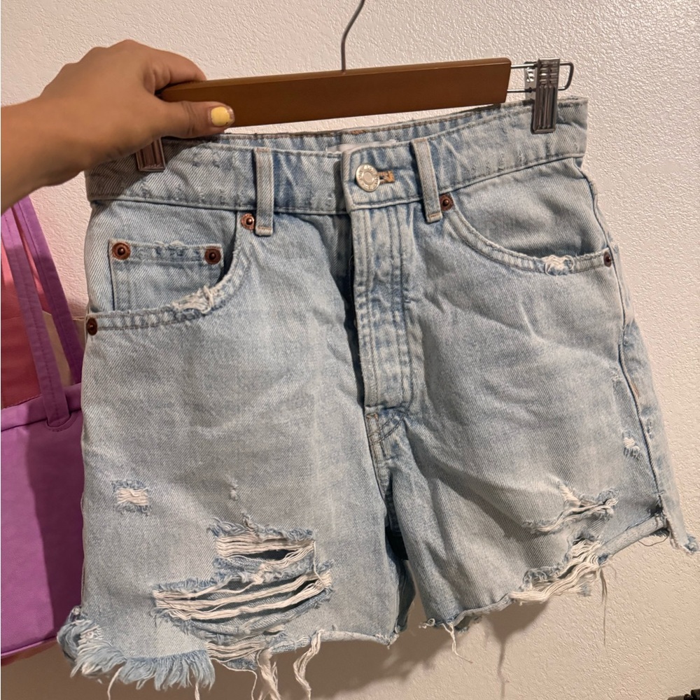 Zara Light Blue Ripped Jean Shorts